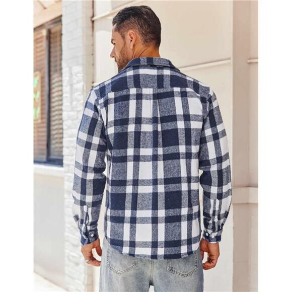 Men's Flannel Shirt Long Sleeve Plaid Casual Button Down Shirt with Pockets - Picture 6 of 7